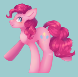 Size: 1840x1809 | Tagged: safe, artist:millkyw, pinkie pie, earth pony, pony, g4, blue background, blushing, cute, diapinkes, female, mare, simple background, solo