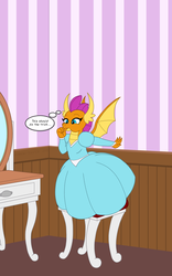 Size: 1250x2000 | Tagged: safe, artist:runningtoaster, part of a set, smolder, dragon, comic:smoulder up, g4, chair, clothes, commission, dialogue, dragoness, dress, female, growth, mirror, princess smolder, puffy sleeves, samantha goldenwing, self inflation, solo, thought bubble, transformation