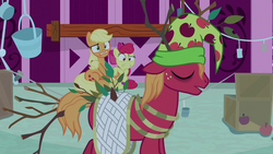 Size: 1280x720 | Tagged: safe, screencap, apple bloom, applejack, big macintosh, earth pony, pony, g4, going to seed, female, hat, male, mare, nightcap, scared, sleeping, stallion