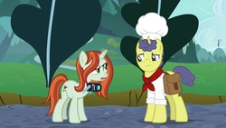 Size: 1920x1080 | Tagged: safe, screencap, crackle cosette, queen chrysalis, stove comet, pony, g4, the ending of the end, chef's hat, disguise, disguised changeling, female, hat, male, saddle bag, stallion