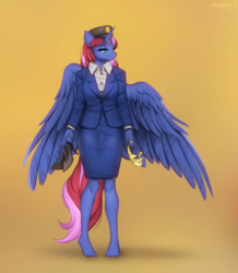 Size: 1133x1300 | Tagged: safe, artist:margony, oc, oc only, oc:aurora silverlight, alicorn, anthro, alicorn oc, barefoot, clothes, dress, feet, female, high heels, jewelry, lidded eyes, mare, shoes, shoes removed, slit pupils, smiling, solo, spread wings, tan background, tiara, wings