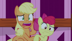Size: 1920x1080 | Tagged: safe, screencap, apple bloom, applejack, earth pony, pony, g4, going to seed, scared