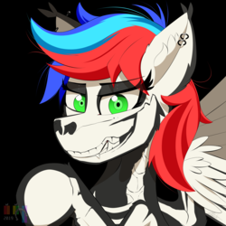 Size: 3035x3035 | Tagged: safe, artist:pedalspony, oc, oc only, oc:pedals, pegasus, pony, bodypaint, bone, clothes, costume, ear piercing, eyeshadow, fangs, female, grin, halloween, high res, holiday, looking at you, makeup, piercing, skeleton, skeleton costume, skull, smiling, spooky, teeth, trans female, transgender, wings