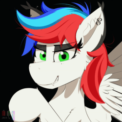 Size: 2000x2000 | Tagged: safe, alternate version, artist:pedalspony, oc, oc only, oc:pedals, pegasus, pony, animated, bodypaint, bone, clothes, costume, ear piercing, eyeshadow, fangs, female, gif, grin, halloween, high res, holiday, looking at you, makeup, piercing, skeleton, skeleton costume, skull, smiling, spooky, teeth, trans female, transgender, wings