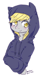 Size: 425x684 | Tagged: safe, artist:divided-s, derpy hooves, pony, g4, blushing, bust, clothes, cute, derpabetes, eye clipping through hair, eyebrows, eyebrows visible through hair, female, hoodie, mare, pixiv, simple background, solo, white background