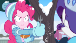 Size: 1164x655 | Tagged: safe, screencap, pinkie pie, rarity, equestria girls, equestria girls specials, g4, my little pony equestria girls: better together, my little pony equestria girls: holidays unwrapped, saving pinkie's pie, female, food, fork, souffle, tree