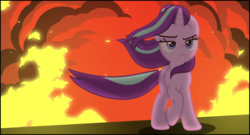 Size: 8050x4350 | Tagged: safe, artist:estories, starlight glimmer, pony, unicorn, g4, the ending of the end, absurd resolution, badass, cool guys don't look at explosions, epic, explosion, female, frown, lidded eyes, like a boss, mare, solo, starlight glimmer in places she shouldn't be, walking away, walking away from explosion, windswept mane