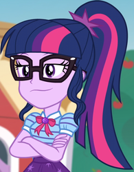 Size: 448x574 | Tagged: safe, screencap, sci-twi, twilight sparkle, equestria girls, equestria girls specials, g4, my little pony equestria girls: better together, my little pony equestria girls: holidays unwrapped, cropped, crossed arms, female, geode of telekinesis, glasses, lidded eyes, magical geodes, ponytail, ribbon, smiling, smirk, smug, solo