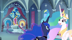 Size: 1366x768 | Tagged: safe, screencap, princess celestia, princess luna, spike, twilight sparkle, alicorn, pony, g4, the ending of the end, banner, crown, curtains, jewelry, peytral, regalia, stained glass, stairs, throne, throne room, twilight sparkle (alicorn)