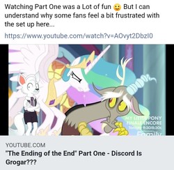 Size: 717x700 | Tagged: safe, edit, edited screencap, screencap, discord, princess celestia, oc, oc:dr. wolf, alicorn, draconequus, anthro, g4, the ending of the end, female, male, mare, youtube link