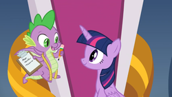 Size: 1366x768 | Tagged: safe, screencap, spike, twilight sparkle, alicorn, dragon, pony, g4, the ending of the end, clipboard, flying, happy, measuring tape, pencil, throne, twilight sparkle (alicorn), winged spike, wings