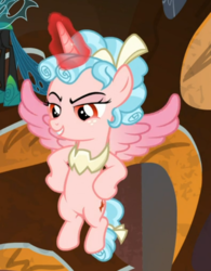 Size: 515x659 | Tagged: safe, screencap, cozy glow, alicorn, pony, g4, the ending of the end, alicornified, belly, bow, cozycorn, cropped, evil smile, female, flying, glowing horn, grin, hooves on hips, horn, offscreen character, race swap, smiling, solo focus, tail bow, we're villains duh
