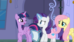 Size: 1668x940 | Tagged: safe, screencap, fluttershy, rarity, twilight sparkle, alicorn, pegasus, pony, unicorn, g4, the ending of the end, cropped, female, glowing horn, horn, levitation, looking at each other, magic, mare, one eye closed, open mouth, paper, raised hoof, saddle bag, smiling, telekinesis, trio, twilight sparkle (alicorn), wink