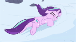 Size: 1669x939 | Tagged: safe, screencap, starlight glimmer, pony, unicorn, g4, the ending of the end, cropped, eyes closed, female, floppy ears, knocked out, lying down, mare, snow, solo, windswept mane