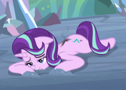 Size: 1043x753 | Tagged: safe, screencap, starlight glimmer, pony, unicorn, g4, the ending of the end, cropped, dirt, faceplant, female, floppy ears, injured, lying down, mare, scrunchy face, solo