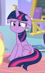 Size: 585x934 | Tagged: safe, screencap, twilight sparkle, alicorn, pony, g4, the ending of the end, cropped, female, floppy ears, mare, sad, sad face, sitting, solo, twilight sparkle (alicorn)