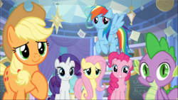 Size: 1669x940 | Tagged: safe, screencap, applejack, fluttershy, pinkie pie, rainbow dash, rarity, spike, dragon, earth pony, pegasus, pony, unicorn, g4, the ending of the end, applejack's hat, cowboy hat, cropped, female, flying, group, hat, male, mare, raised hoof, smiling, spread wings, winged spike, wings