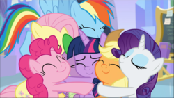 Size: 1669x940 | Tagged: safe, screencap, applejack, fluttershy, pinkie pie, rainbow dash, rarity, spike, twilight sparkle, alicorn, dragon, earth pony, pegasus, pony, unicorn, g4, the ending of the end, :t, comforting, cropped, cute, eyes closed, female, group, group hug, hug, male, mane six, mare, smiling, twilight sparkle (alicorn)