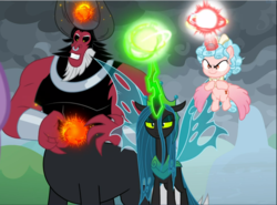 Size: 1272x940 | Tagged: safe, screencap, cozy glow, lord tirek, queen chrysalis, alicorn, centaur, pony, g4, the ending of the end, alicornified, claws, cozycorn, cropped, evil grin, eyeshadow, female, filly, final battle, flapping, flying, foal, former queen chrysalis, glowing horn, grin, horn, horns, lidded eyes, magic, makeup, powerful, race swap, smiling, smug, trio, ultimate chrysalis