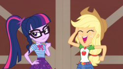 Size: 1164x655 | Tagged: safe, screencap, applejack, sci-twi, twilight sparkle, equestria girls, equestria girls series, g4, holidays unwrapped, the cider louse fools, spoiler:eqg series (season 2), applejack's hat, cheering, clothes, collar, cowboy hat, denim skirt, eyes closed, female, freckles, geode of super strength, geode of telekinesis, glasses, hair, hand on hip, hat, laughing, magical geodes, ponytail, shirt, skirt, smiling, smug, t-shirt, teenager