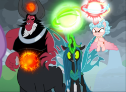 Size: 1292x939 | Tagged: safe, screencap, cozy glow, lord tirek, queen chrysalis, alicorn, pony, g4, the ending of the end, alicornified, cozycorn, cropped, evil grin, female, glowing horn, grin, horn, magic, male, powerful, race swap, slasher smile, smiling, trio, ultimate chrysalis