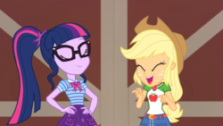 Size: 1164x655 | Tagged: safe, screencap, applejack, sci-twi, twilight sparkle, equestria girls, equestria girls specials, g4, my little pony equestria girls: better together, my little pony equestria girls: holidays unwrapped, applejack's hat, clothes, cowboy hat, denim skirt, eyes closed, female, geode of super strength, geode of telekinesis, glasses, hat, laughing, magical geodes, ponytail, skirt, smiling, smug