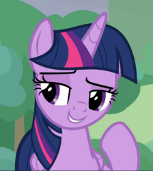 Size: 841x939 | Tagged: safe, screencap, twilight sparkle, alicorn, pony, g4, the ending of the end, cropped, female, folded wings, grin, lidded eyes, mare, raised eyebrow, raised hoof, smiling, smug, solo, tree, twilight sparkle (alicorn), wings