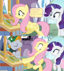 Size: 1364x1524 | Tagged: safe, edit, edited screencap, screencap, fluttershy, rarity, pony, g4, the ending of the end, canterlot, comic, dialogue, food stand, screencap comic, shocked, speech bubble, suddenly, surprised, vendor