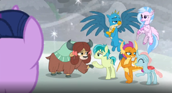 Size: 1564x852 | Tagged: safe, screencap, gallus, ocellus, sandbar, silverstream, smolder, twilight sparkle, yona, alicorn, changedling, changeling, classical hippogriff, dragon, earth pony, griffon, hippogriff, pony, yak, g4, the ending of the end, bow, cloven hooves, colored hooves, dragoness, female, hair bow, jewelry, male, monkey swings, necklace, needs more jpeg, shipping fuel, student six, teenager, twilight sparkle (alicorn)