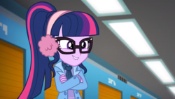 Size: 1164x655 | Tagged: safe, screencap, sci-twi, twilight sparkle, equestria girls, equestria girls specials, g4, my little pony equestria girls: better together, my little pony equestria girls: holidays unwrapped, winter break-in, clothes, coat, crossed arms, earmuffs, female, geode of telekinesis, glasses, lip bite, magical geodes, ponytail, scarf, self-storage facility, smiling, smug, solo, winter outfit
