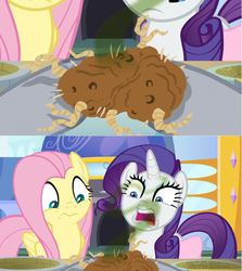 Size: 1366x1530 | Tagged: safe, edit, edited screencap, screencap, fluttershy, rarity, g4, the ending of the end, comic, disgusted, food, hoof hold, potato, rotting, screencap comic, smelly, yuck