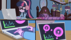 Size: 1164x655 | Tagged: safe, screencap, sci-twi, spike, spike the regular dog, twilight sparkle, dog, equestria girls, equestria girls series, g4, holidays unwrapped, spoiler:eqg series (season 2), clothes, computer, hacking, laptop computer, picture frame, sci-twi's room, winter outfit