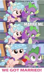 Size: 583x958 | Tagged: safe, edit, edited edit, edited screencap, editor:undeadponysoldier, screencap, cozy glow, spike, dragon, pegasus, pony, g4, school raze, backpack, comic, cozybetes, cute, female, filly, heart, male, married couple, needs more jpeg, screencap comic, ship:cozyspike, shipping, spikabetes, straight