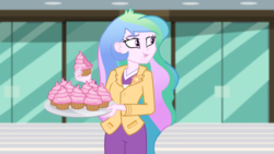 Size: 1164x655 | Tagged: safe, screencap, princess celestia, principal celestia, equestria girls, equestria girls specials, g4, my little pony equestria girls: better together, my little pony equestria girls: holidays unwrapped, winter break-in, brooch, cake, cakelestia, clothes, crumbs, cupcake, cutie mark accessory, cutie mark brooch, eating, female, food, imagine spot, jewelry, looking at something, missing accessory, pistachio cream cupcake, puffy cheeks, solo, this will end in diabetes, this will end in weight gain