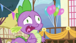 Size: 1334x750 | Tagged: safe, screencap, spike, dragon, g4, balloon, faic, male, open mouth, ponyville, ponyville town hall, solo, sweat