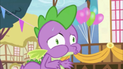 Size: 1334x750 | Tagged: safe, screencap, spike, dragon, g4, balloon, faic, male, ponyville, ponyville town hall, solo, sweat