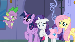 Size: 1366x768 | Tagged: safe, screencap, fluttershy, rarity, spike, twilight sparkle, alicorn, dragon, pony, g4, the ending of the end, crossed arms, dismay, flying, heart attack, saddle bag, smug, twilight sparkle (alicorn), winged spike, wings