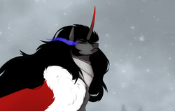 Size: 1745x1109 | Tagged: safe, artist:teacorner, king sombra, pony, g4, cape, clothes, curved horn, horn, long hair, male, missing accessory, snow, solo, sombra eyes, stallion, stupid sexy sombra