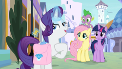 Size: 1366x768 | Tagged: safe, screencap, fluttershy, rarity, spike, twilight sparkle, alicorn, dragon, pony, g4, the ending of the end, canterlot, magic, saddle bag, spool, telekinesis, tower, twilight sparkle (alicorn), winged spike, wings