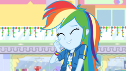 Size: 1164x655 | Tagged: safe, screencap, rainbow dash, equestria girls, equestria girls specials, g4, my little pony equestria girls: better together, my little pony equestria girls: holidays unwrapped, awkward, awkward smile, canterlot mall, cute, dashabetes, female, geode of super speed, magical geodes, smiling
