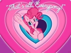 Size: 1408x1056 | Tagged: safe, artist:frist44, pinkie pie, earth pony, pony, g4, the last problem, armpits, chest fluff, crossover, crying, end of ponies, female, frog (hoof), goodbye, heart, hoofbutt, looney tunes, parody, smiling, solo, that's all folks, underhoof, warner brothers