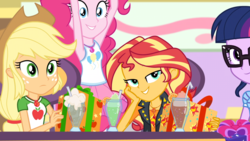 Size: 1164x655 | Tagged: safe, screencap, applejack, fluttershy, pinkie pie, sci-twi, sunset shimmer, twilight sparkle, dashing through the mall, equestria girls, equestria girls series, g4, holidays unwrapped, spoiler:eqg series (season 2), applejack's hat, armpits, canterlot mall, clothes, cowboy hat, denim skirt, female, freckles, geode of empathy, geode of sugar bombs, geode of super strength, geode of telekinesis, glasses, hat, magical geodes, shirt, shoes, skirt, stetson, table