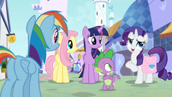 Size: 1366x768 | Tagged: safe, screencap, fluttershy, rainbow dash, rarity, spike, twilight sparkle, alicorn, dragon, pony, g4, the ending of the end, canterlot, saddle bag, tower, twilight sparkle (alicorn), window, winged spike, wings