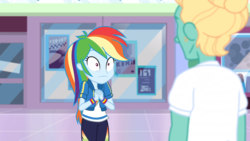 Size: 1164x655 | Tagged: safe, screencap, rainbow dash, zephyr breeze, dashing through the mall, equestria girls, equestria girls specials, g4, my little pony equestria girls: better together, my little pony equestria girls: holidays unwrapped, geode of super speed, magical geodes, oh crap, rainbow dash is best facemaker, shrunken pupils