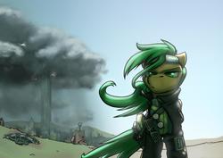 Size: 1920x1363 | Tagged: safe, artist:captainhoers, oc, oc only, oc:atom smasher, pegasus, pony, fallout equestria, fallout equestria: duck and cover, clothes, fanfic art, female, glasses, goggles, gun, jacket, jumpsuit, mare, pipbuck, shutter shades, solo, sunglasses, swirly glasses, vault suit, wasteland, weapon