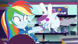 Size: 1164x655 | Tagged: safe, screencap, rainbow dash, dog, equestria girls, equestria girls specials, g4, my little pony equestria girls: better together, my little pony equestria girls: holidays unwrapped, female, geode of super speed, magical geodes, plushie, toy
