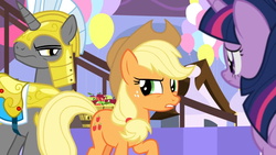 Size: 1366x768 | Tagged: safe, screencap, applejack, twilight sparkle, alicorn, earth pony, pony, unicorn, g4, the ending of the end, apple, applejack is not amused, applejack's hat, armor, balloon, bucket, cowboy hat, cutie mark, female, food, freckles, frown, gritted teeth, hat, male, mare, personal space invasion, ponytail, raised eyebrow, raised hoof, royal guard, stallion, stare, stetson, suspicious, trio, twilight sparkle (alicorn), unamused, unicorn royal guard