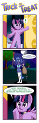 Size: 1193x3666 | Tagged: safe, artist:anibaruthecat, princess luna, spike, twilight sparkle, alicorn, dragon, anthro, unguligrade anthro, apple bloomers, g4, accessory theft, belly button, candy, clothes, clothing theft, comic, costume, food, funny, halloween, halloween costume, holiday, hoof feet, joke, midriff, nightmare night, nightmare night costume, ponysuit, s1 luna, shorts, stolen, thief, twilight sparkle (alicorn)
