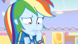 Size: 1164x655 | Tagged: safe, screencap, rainbow dash, dashing through the mall, equestria girls, equestria girls specials, g4, my little pony equestria girls: better together, my little pony equestria girls: holidays unwrapped, anxious, canterlot mall, female, geode of super speed, magical geodes