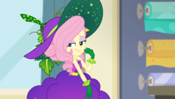 Size: 1164x655 | Tagged: safe, edit, edited screencap, screencap, fluttershy, equestria girls, equestria girls specials, g4, my little pony equestria girls: better together, my little pony equestria girls: holidays unwrapped, o come all ye squashful, bare shoulders, beautiful, bedroom eyes, clothes, cornucopia costumes, costume, cute, female, hat, lidded eyes, shyabetes, sleeveless, smiling